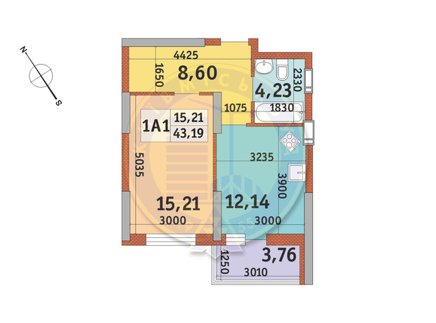 ЖК Медовий-2: планування 1-кімнатної квартири 43.19 м²
