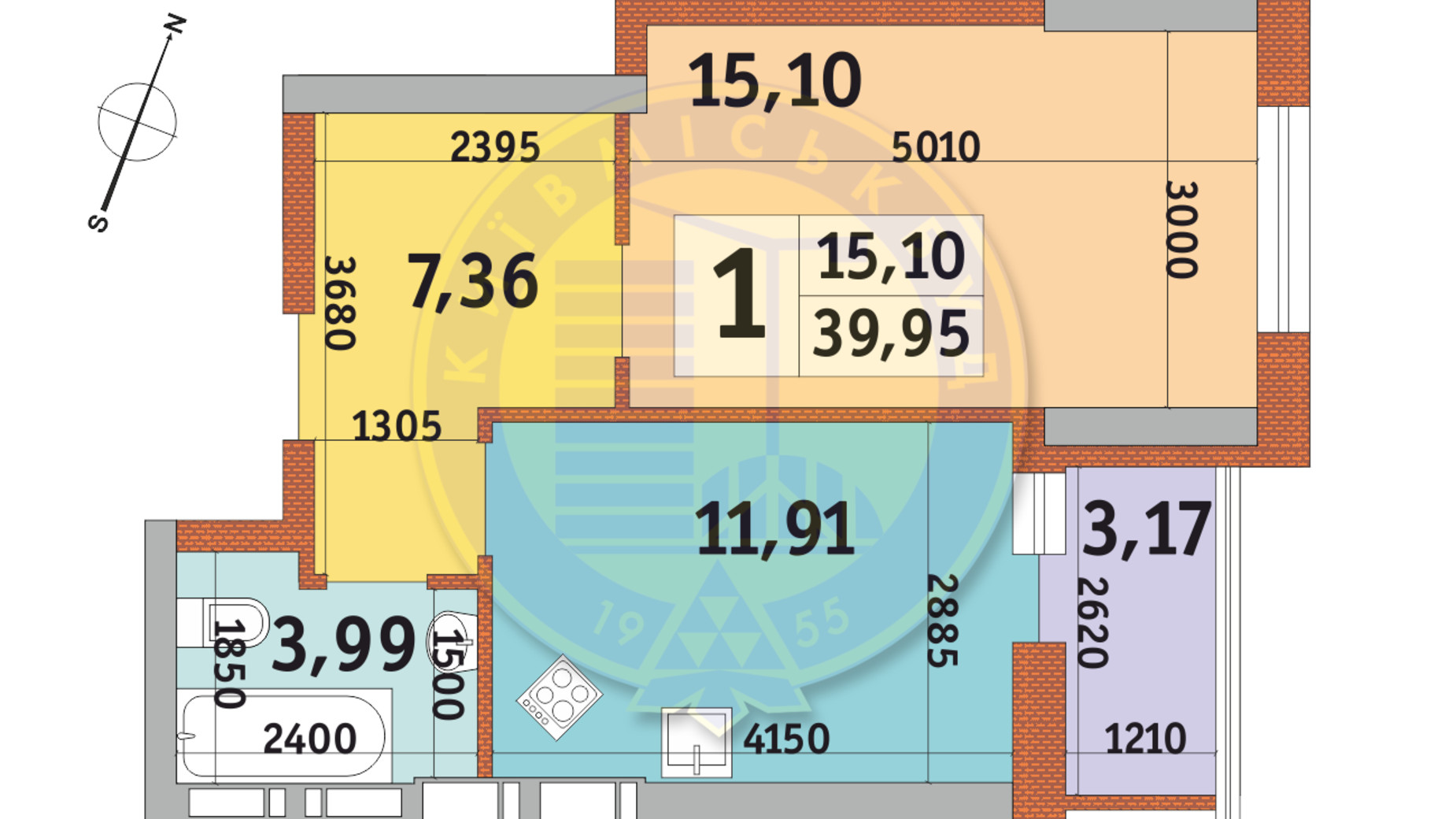 Планировка 1-комнатной квартиры в ЖК Урловский-2 39.95 м², фото 669808