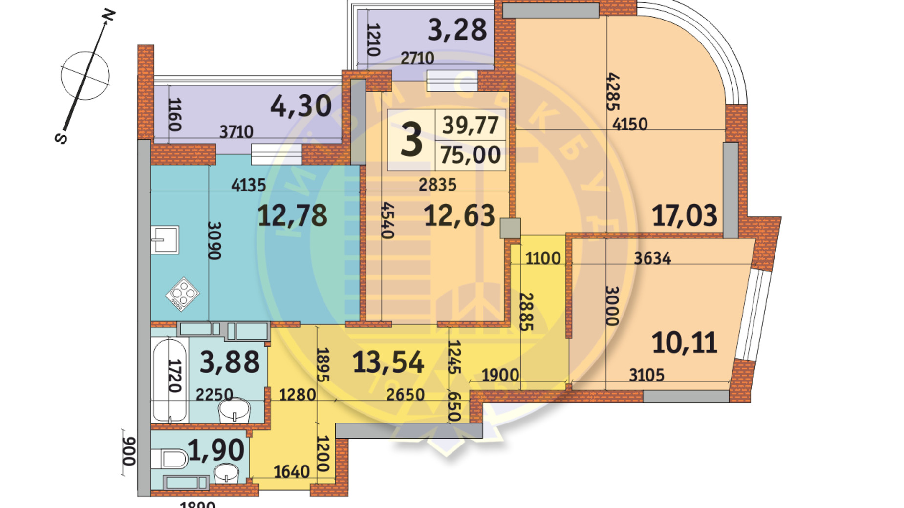 Планування 3-кімнатної квартири в ЖК Урлівський-2 75 м², фото 669809