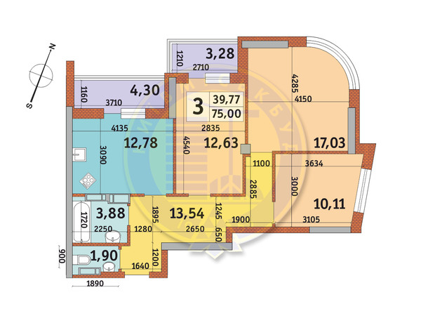 ЖК Урловский-2: планировка 3-комнатной квартиры 75 м²