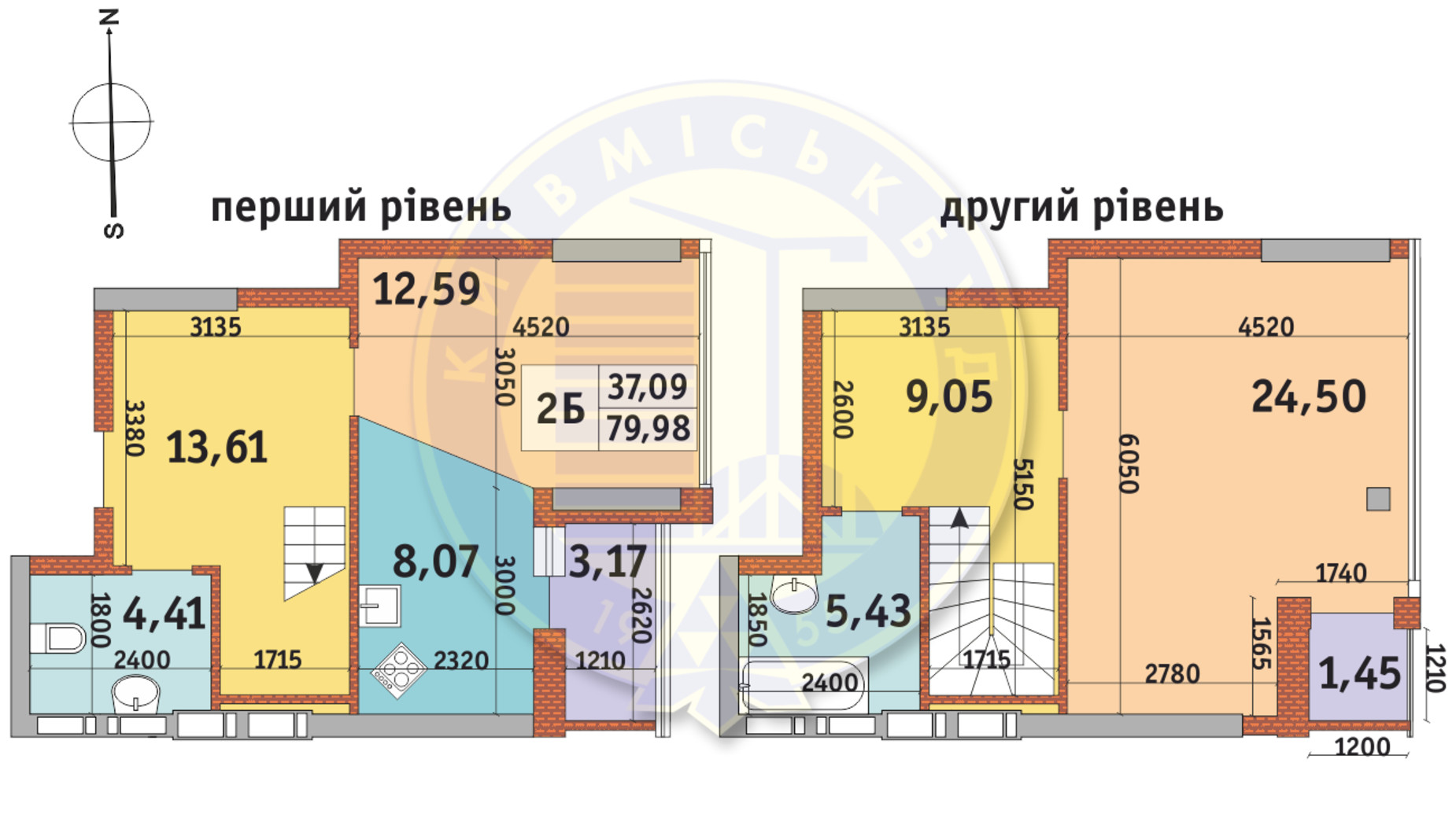 Планировка много­уровневой квартиры в ЖК Абрикосовый 79.98 м², фото 669810