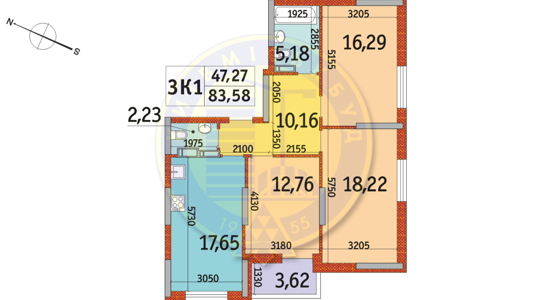 Планировка 3-комнатной квартиры в ЖК Отрада 83.58 м², фото 669811