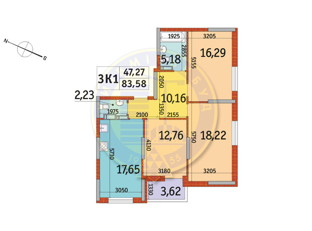 ЖК Отрада: планировка 3-комнатной квартиры 83.58 м²