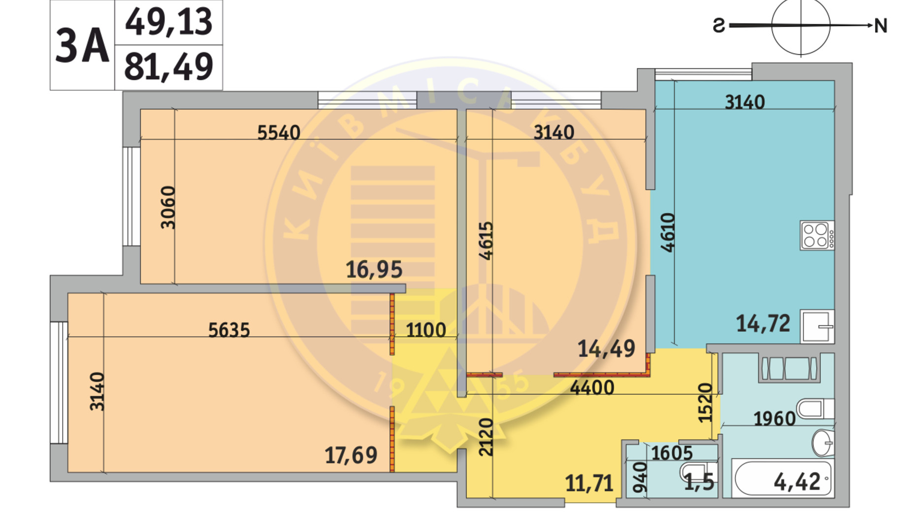 Планування 3-кімнатної квартири в ЖК Мілос 81.49 м², фото 669871