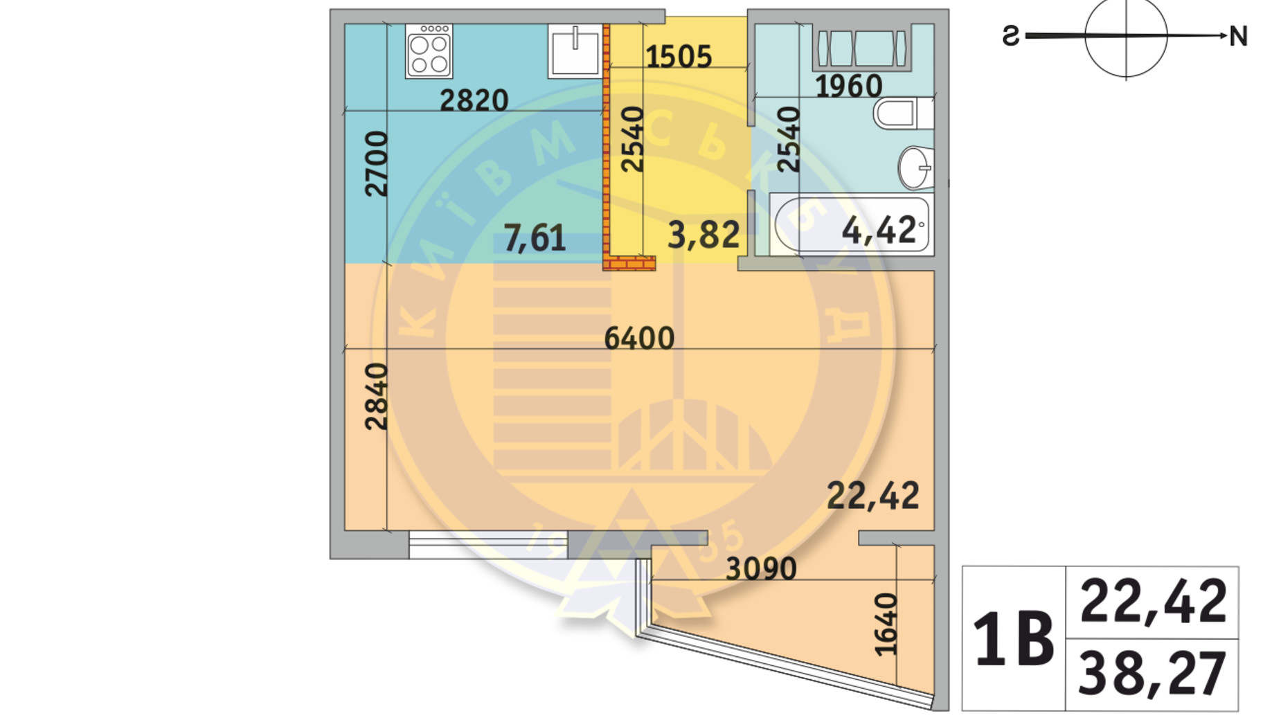 Планування 1-кімнатної квартири в ЖК Мілос 38.27 м², фото 669875