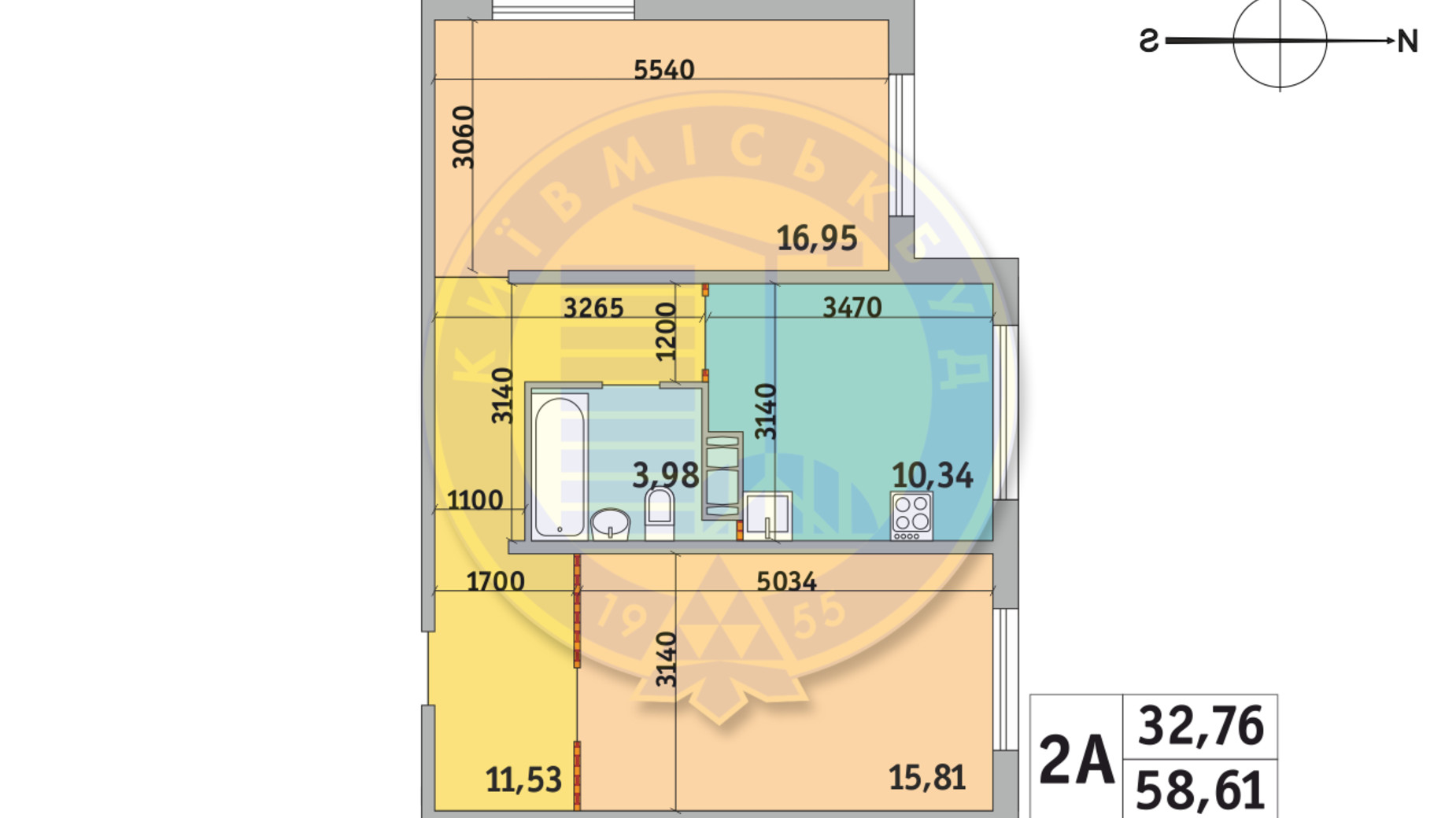 Планування 2-кімнатної квартири в ЖК Мілос 58.61 м², фото 669877