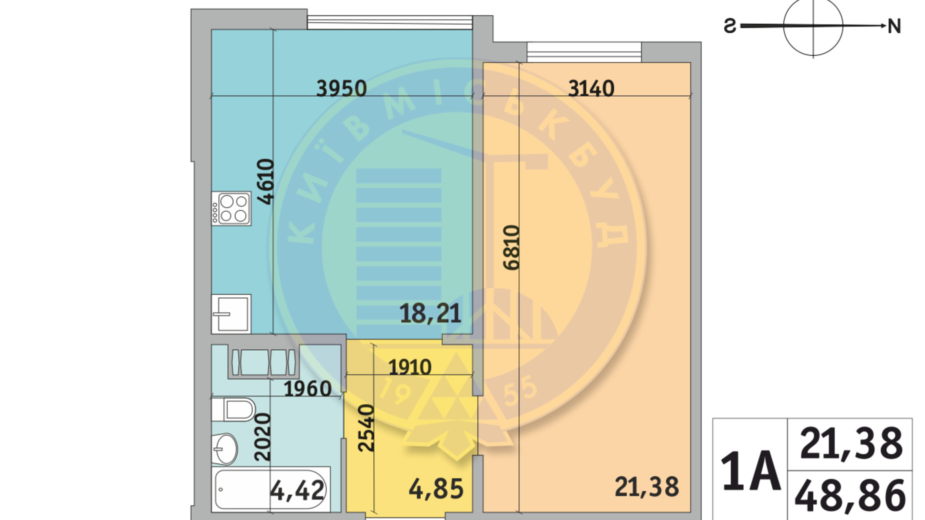 Планування 1-кімнатної квартири в ЖК Мілос 48.86 м², фото 669878