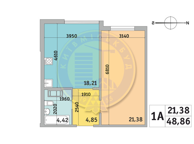 ЖК Мілос: планування 1-кімнатної квартири 48.86 м²