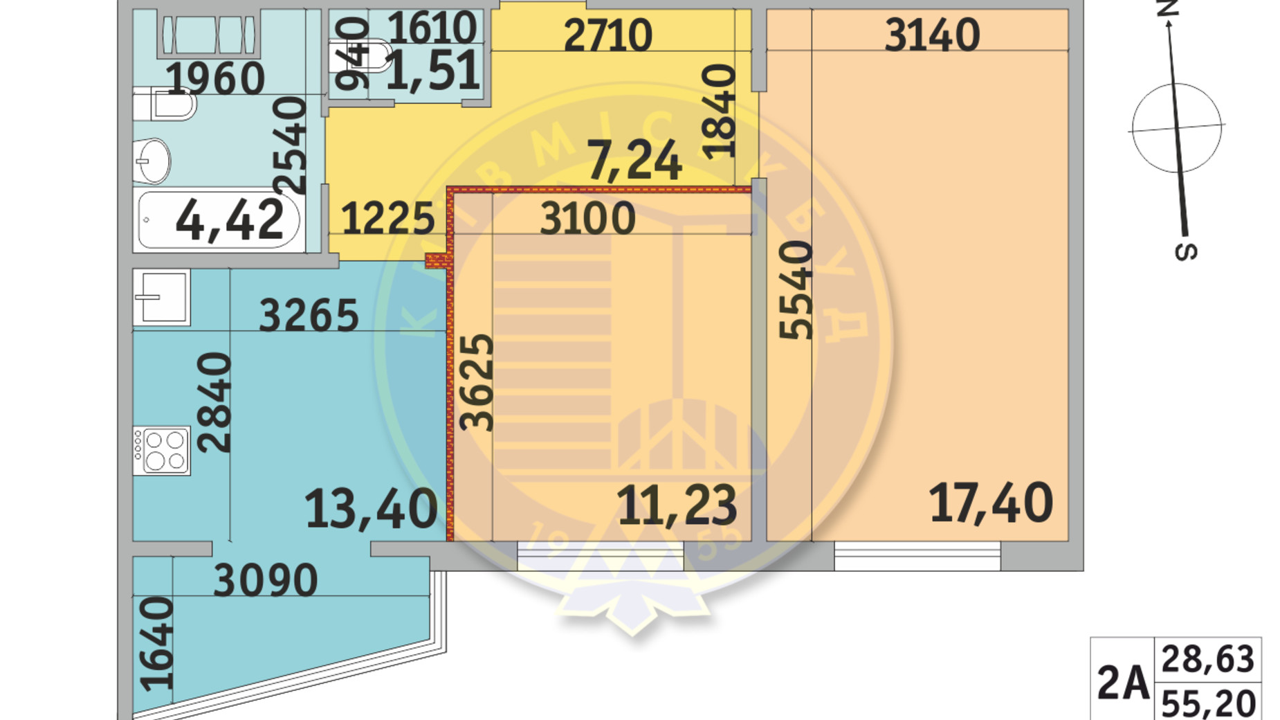 Планировка 2-комнатной квартиры в ЖК Милос 55.2 м², фото 669885