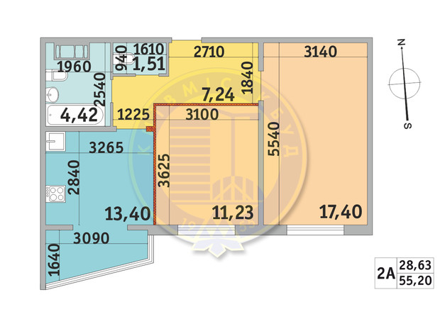 ЖК Мілос: планування 2-кімнатної квартири 55.2 м²