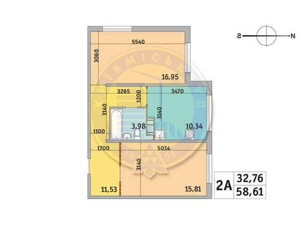 ЖК Милос: планировка 2-комнатной квартиры 58.61 м²