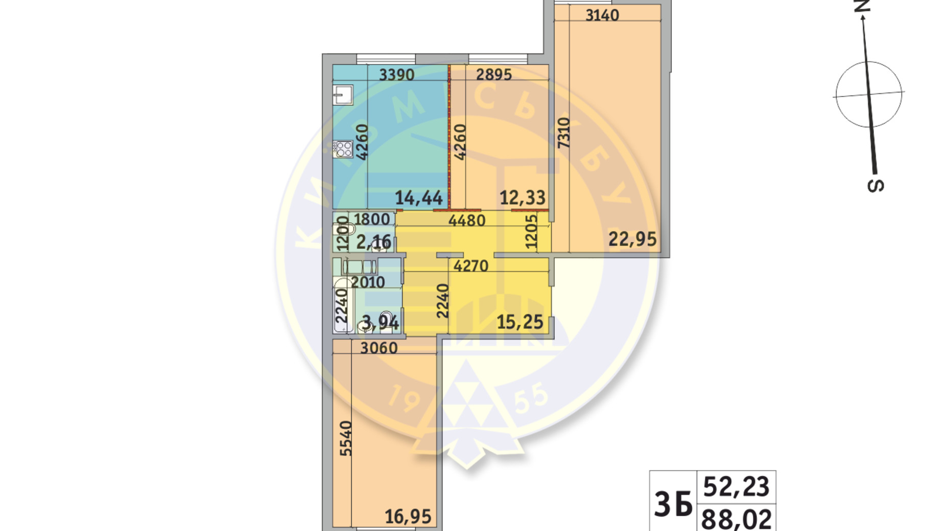 Планировка 3-комнатной квартиры в ЖК Милос 88.02 м², фото 669890