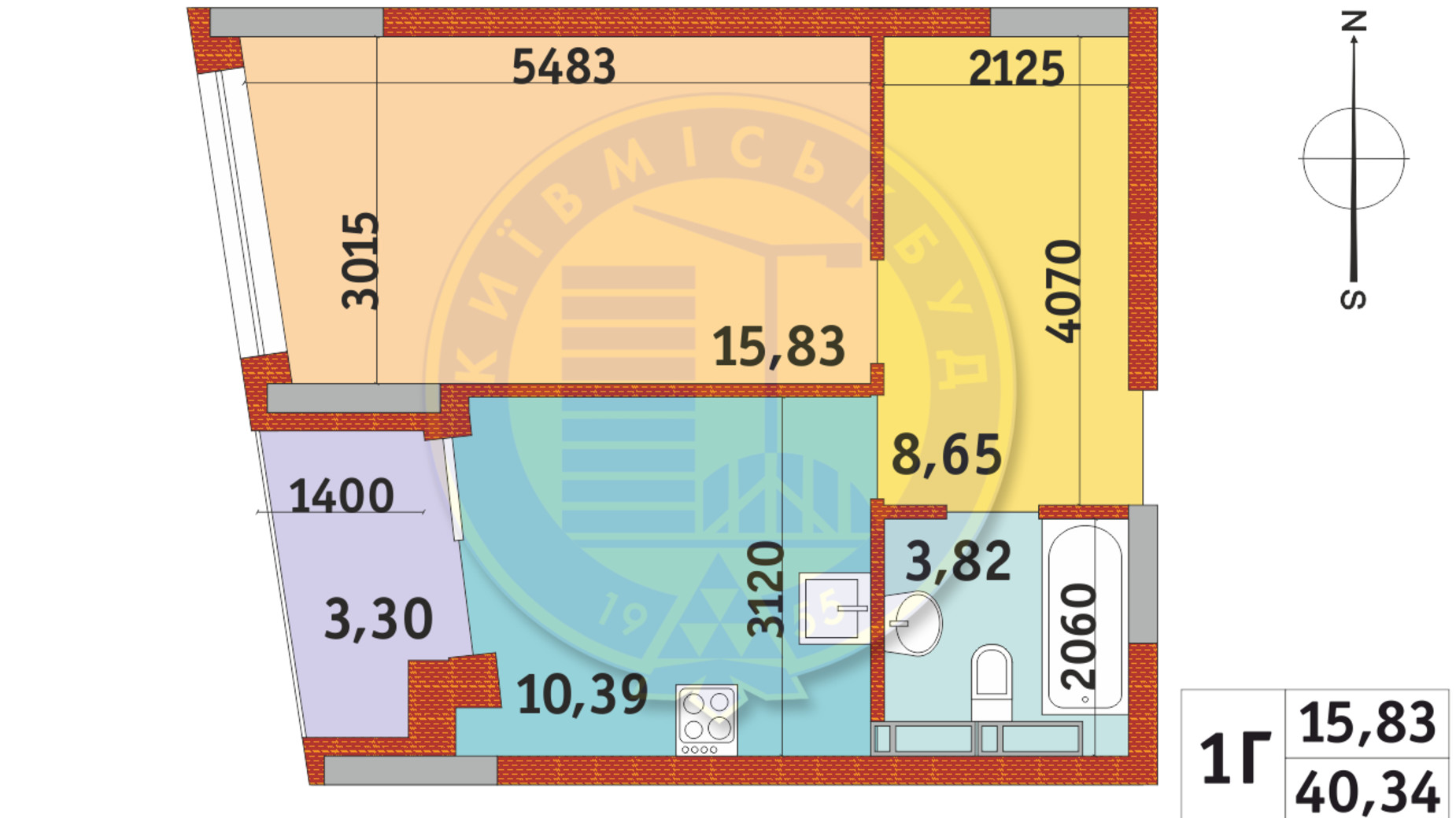 Планировка 1-комнатной квартиры в ЖК Итальянский квартал-2 40.34 м², фото 669978