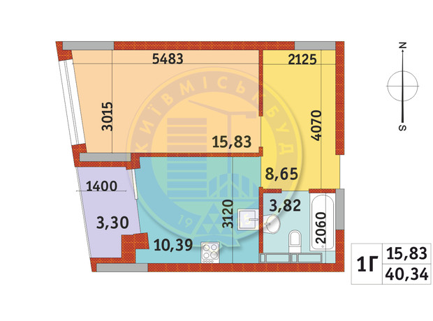 ЖК Итальянский квартал-2: планировка 1-комнатной квартиры 40.34 м²