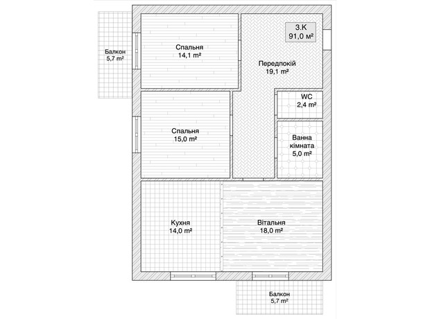 ЖК пер. 1-й Константиновича, 13: планировка 3-комнатной квартиры 91 м²