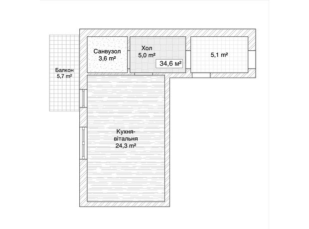 ЖК пер. 1-й Константиновича, 13: планировка 1-комнатной квартиры 34.6 м²