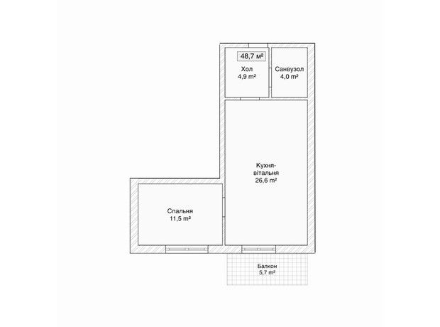 ЖК пер. 1-й Константиновича, 13: планировка 1-комнатной квартиры 48.7 м²