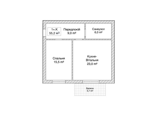 ЖК пер. 1-й Константиновича, 13: планировка 1-комнатной квартиры 55.2 м²