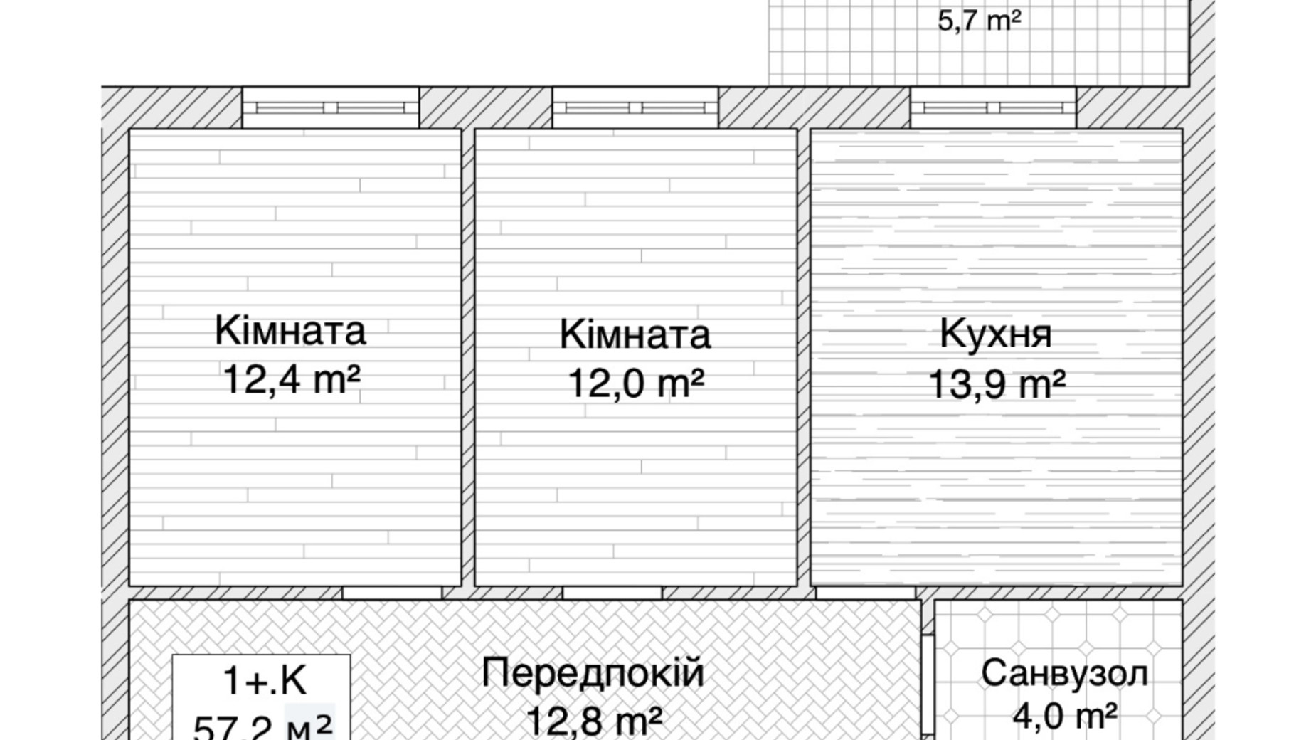 Планировка 2-комнатной квартиры в ЖК пер. 1-й Константиновича, 13 57.2 м², фото 670445