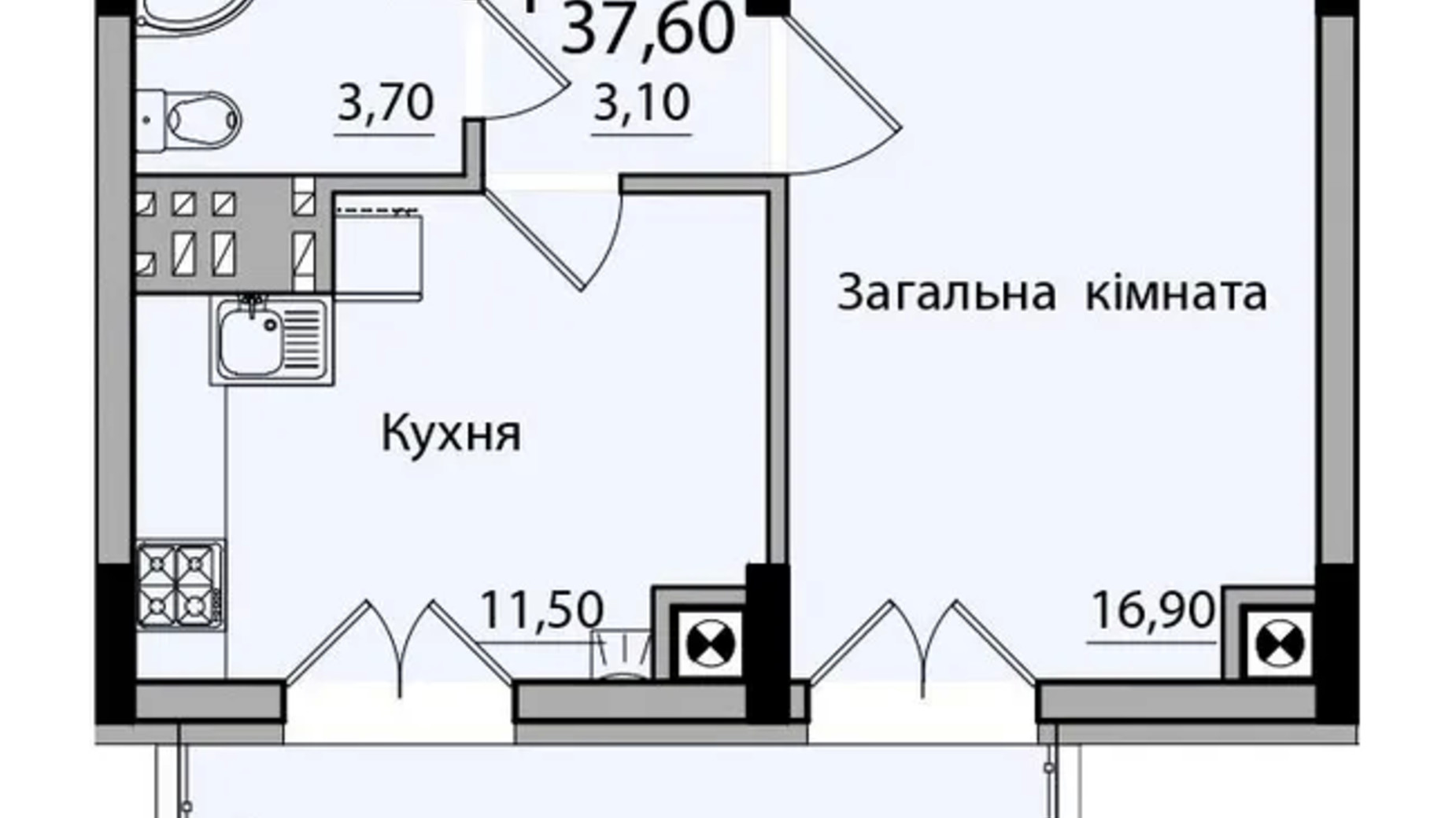 Планування 1-кімнатної квартири в ЖК Панорама 37.6 м², фото 670738