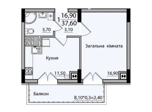 ЖК Панорама: планування 1-кімнатної квартири 37.6 м²