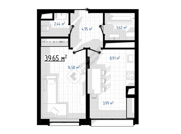 ЖК West Hill: планировка 1-комнатной квартиры 39 м²