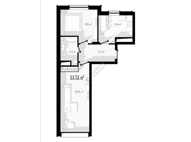 ЖК West Hill: планировка 2-комнатной квартиры 64 м²