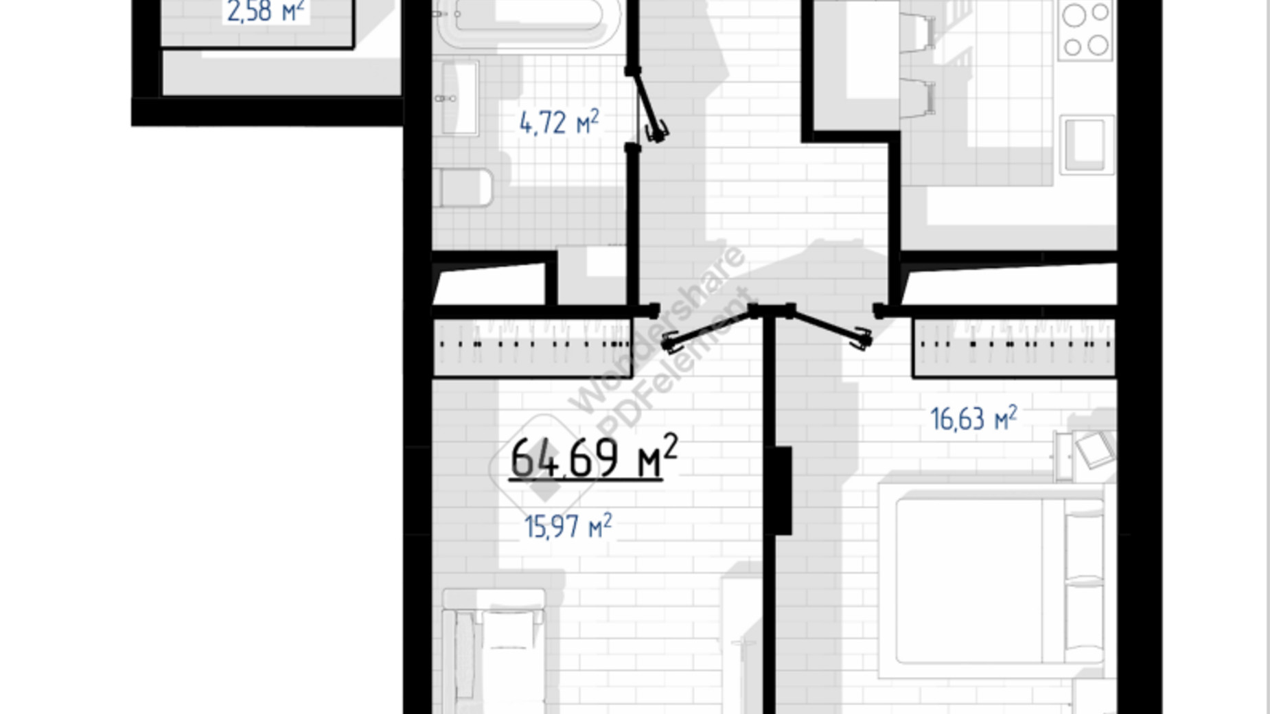 Планировка 2-комнатной квартиры в ЖК West Hill 53 м², фото 670878