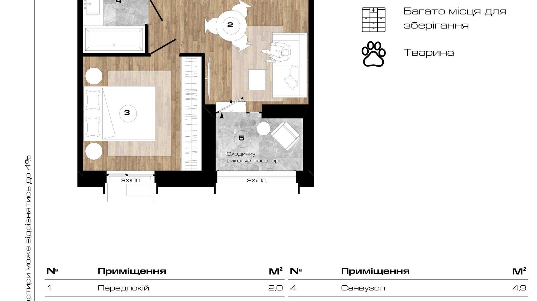 Планування 1-кімнатної квартири в ЖК Park Royal 34.6 м², фото 671547