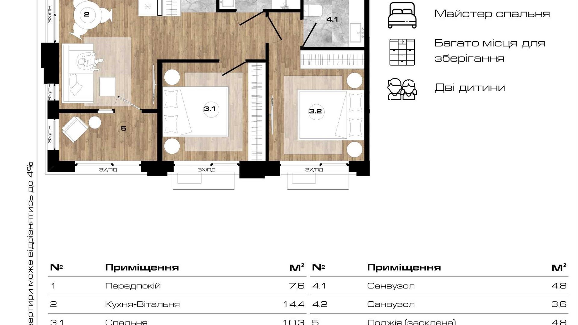 Планировка 2-комнатной квартиры в ЖК Park Royal 57.4 м², фото 671553
