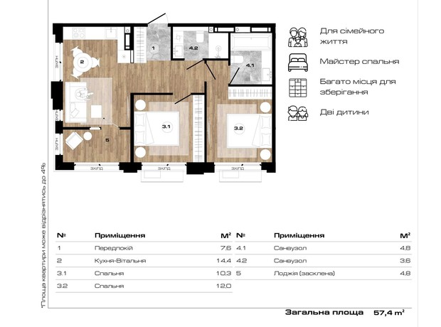 ЖК Park Royal: планировка 2-комнатной квартиры 57.4 м²