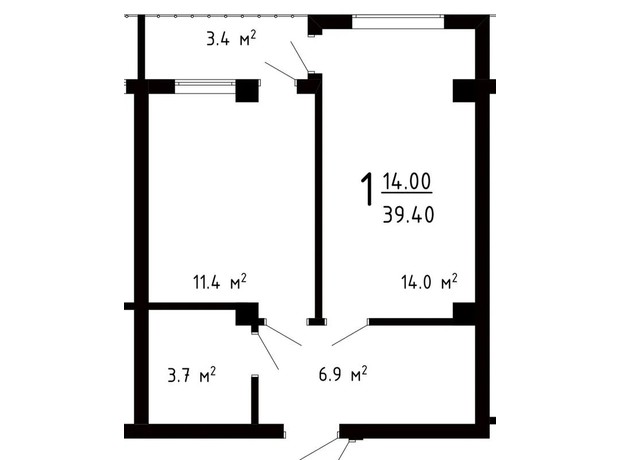 ЖК Престижний Дім: планування 1-кімнатної квартири 39.4 м²