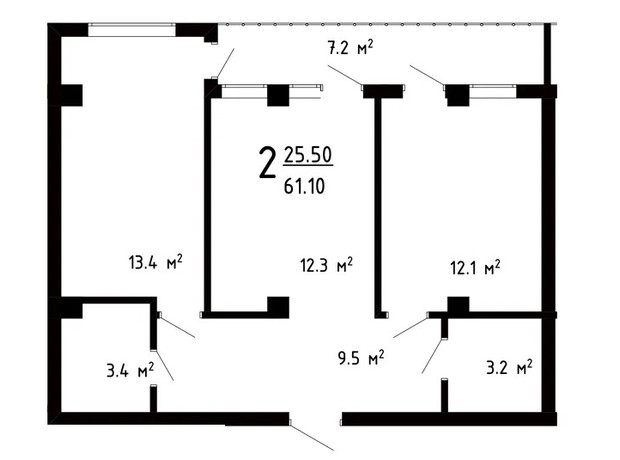 ЖК Престижный Дом: планировка 2-комнатной квартиры 61.1 м²