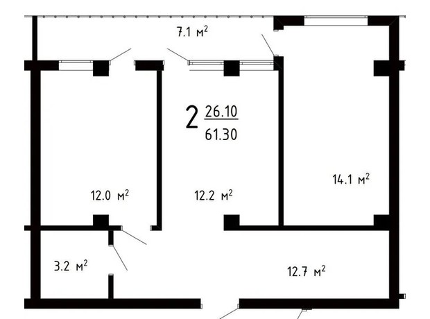 ЖК Престижный Дом: планировка 2-комнатной квартиры 61.3 м²