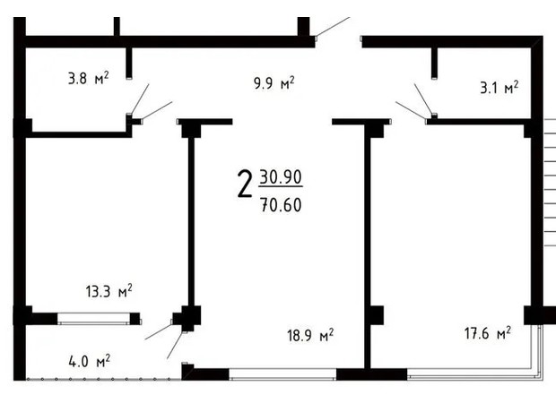 ЖК Престижний Дім: планування 2-кімнатної квартири 70.6 м²