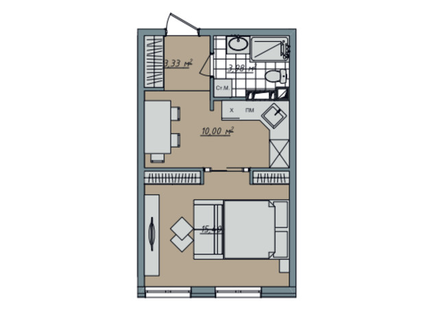 ЖК Sofi House: планировка 1-комнатной квартиры 32.91 м²