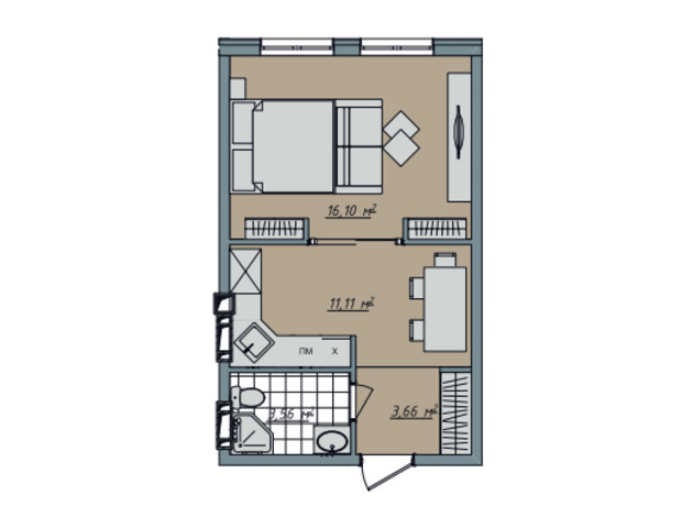 ЖК Sofi House: планування 1-кімнатної квартири 34.43 м²