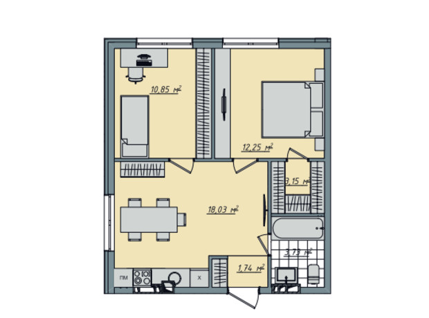 ЖК Sofi House: планировка 2-комнатной квартиры 49.75 м²