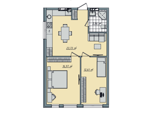 ЖК Sofi House: планування 2-кімнатної квартири 57.27 м²