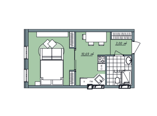 ЖК Sofi House: планування 1-кімнатної квартири 33.24 м²