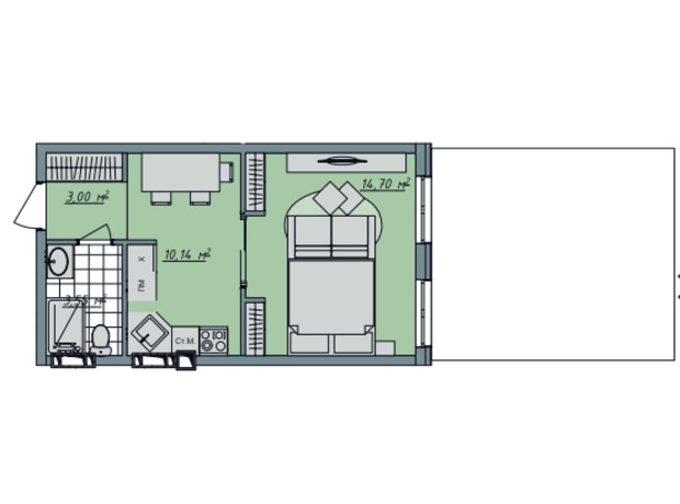 ЖК Sofi House: планування 1-кімнатної квартири 38.21 м²