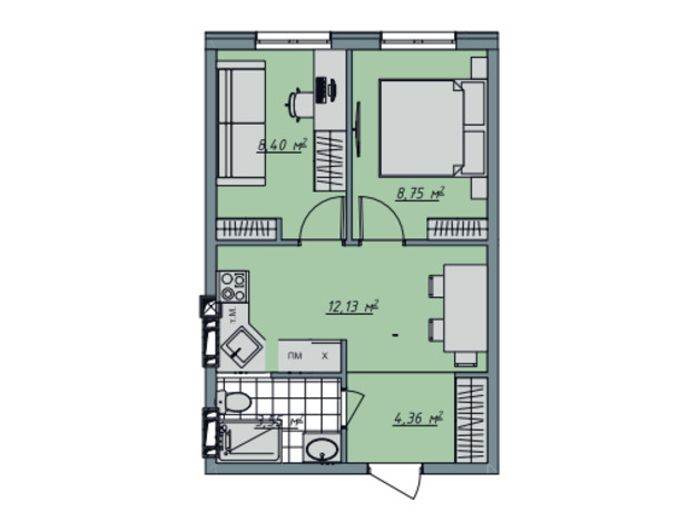 ЖК Sofi House: планування 1-кімнатної квартири 37.22 м²