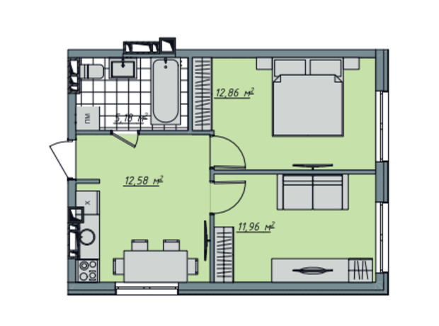 ЖК Sofi House: планировка 2-комнатной квартиры 42.63 м²