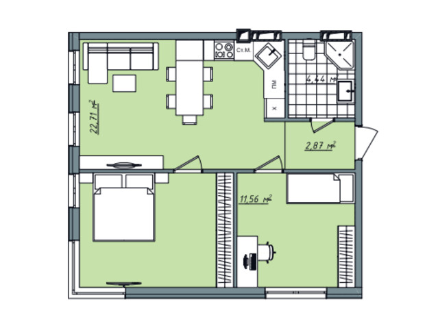 ЖК Sofi House: планировка 2-комнатной квартиры 56.66 м²