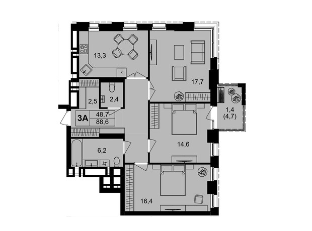 ЖК Central Park Vinnytsia: планування 3-кімнатної квартири 88.1 м²