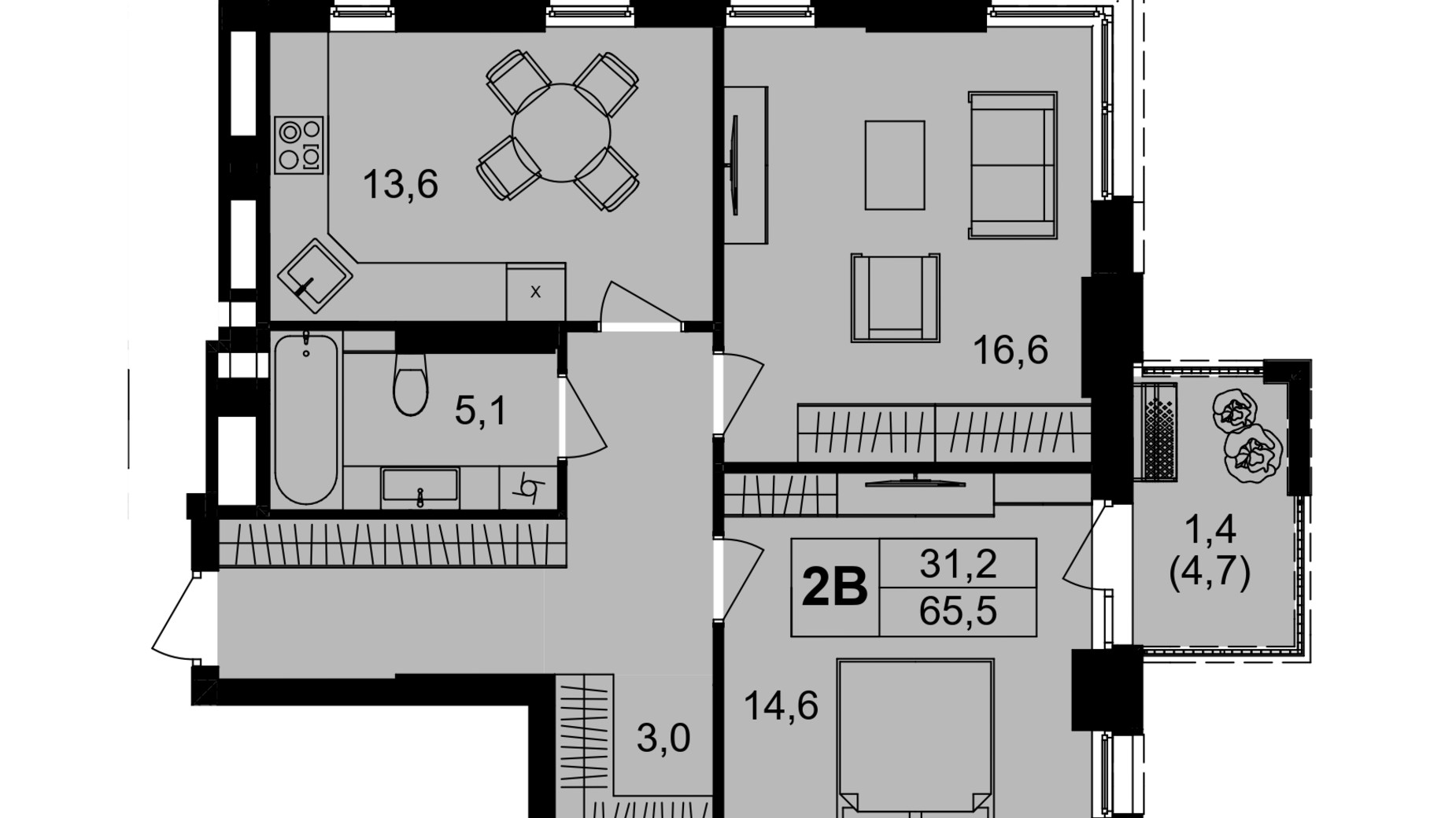 Планування 2-кімнатної квартири в ЖК Central Park Vinnytsia 65.5 м², фото 671785