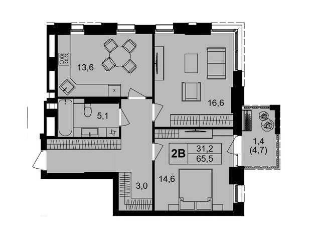 ЖК Central Park Vinnytsia: планировка 2-комнатной квартиры 65.5 м²