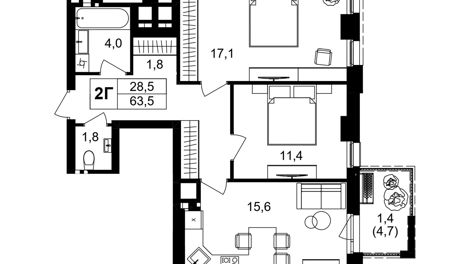 Планировка 2-комнатной квартиры в ЖК Central Park Vinnytsia 63.5 м², фото 671786