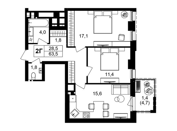 ЖК Central Park Vinnytsia: планировка 2-комнатной квартиры 63.5 м²