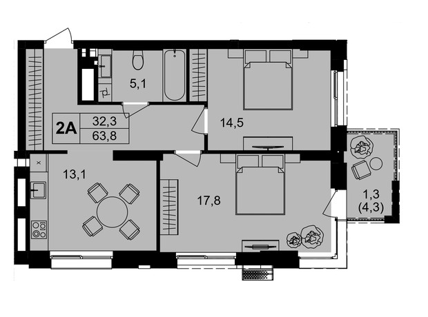 ЖК Central Park Vinnytsia: планировка 2-комнатной квартиры 63.2 м²